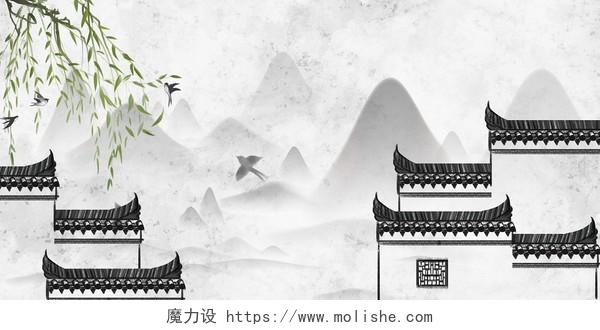 古建筑中国风古风水墨山水展板背景